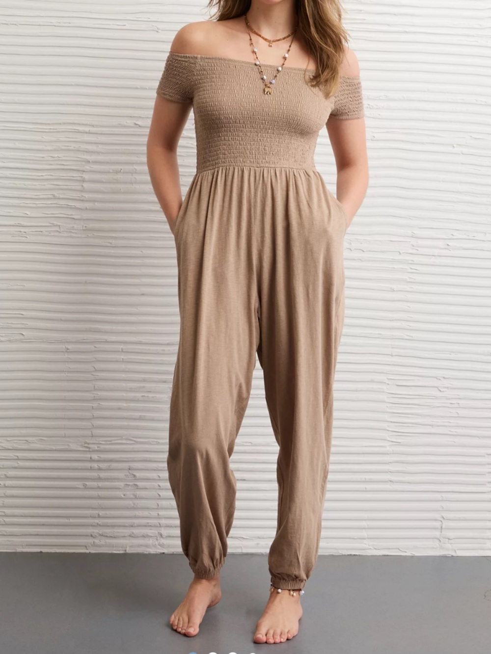 NWT American Eagle Off-Shoulder Smocked Jumpsuit, Brown, Large